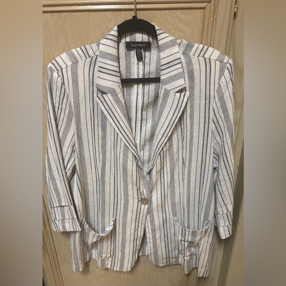 Ellen Tracy Jacket Womens XL White Blue Striped Linen Blend 3/4 Sleeve Pockets